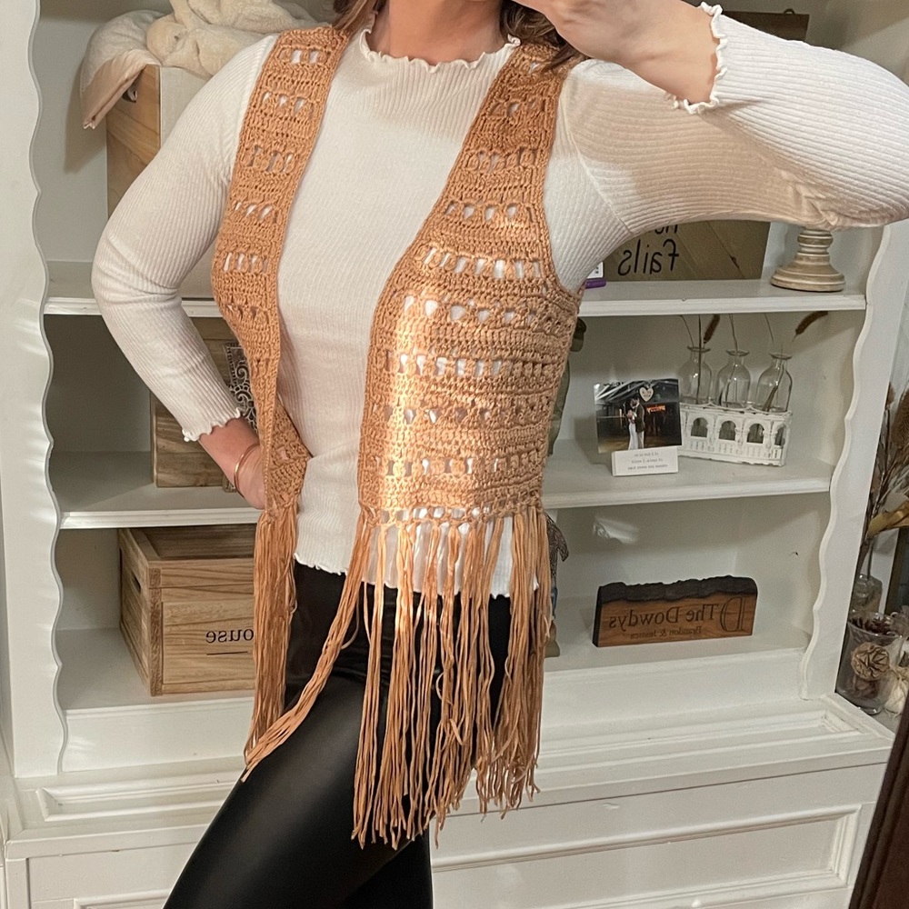 Kori light pink and blue Aztec inspired fringe vest